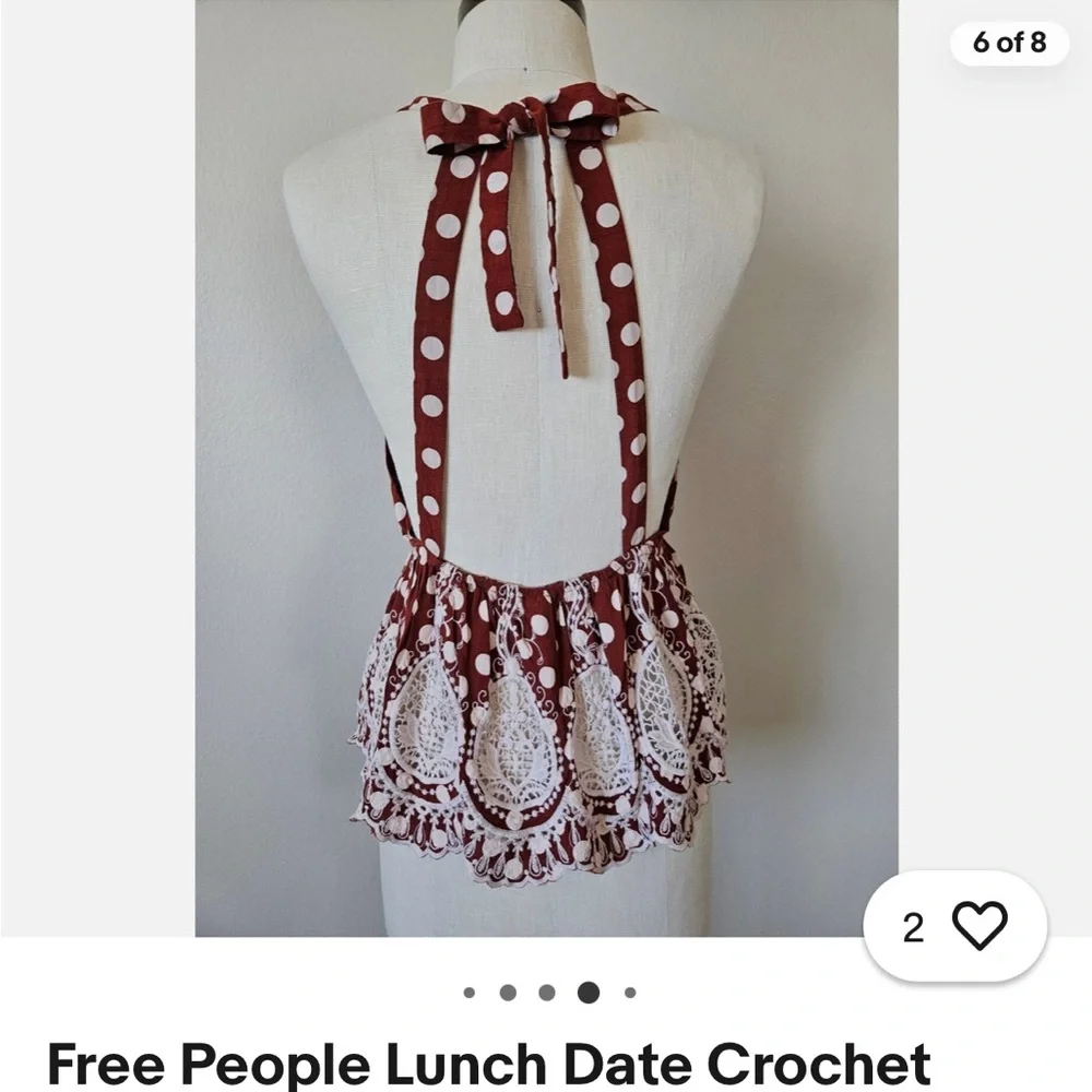 Free People Lunch Date Crochet Halter Top XS Boho Polka Dot Lace - Picture 5 of 7